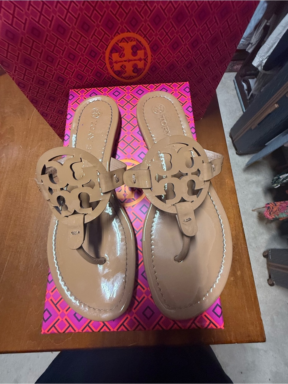 Tory Burch Neutral Tan Miller Logo Thong Sandals
